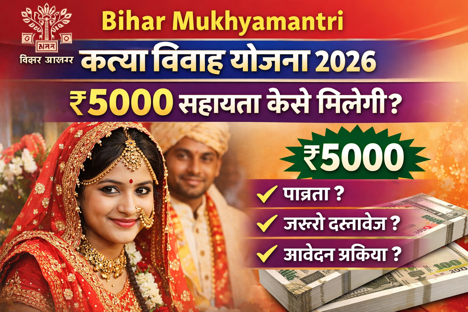 Bihar Mukhyamantri Kanya Vivah Yojana 2026: ₹5000 सहायता कैसे मिलेगी? जानें पात्रता, जरूरी दस्तावेज और पूरा आवेदन प्रक्रिया