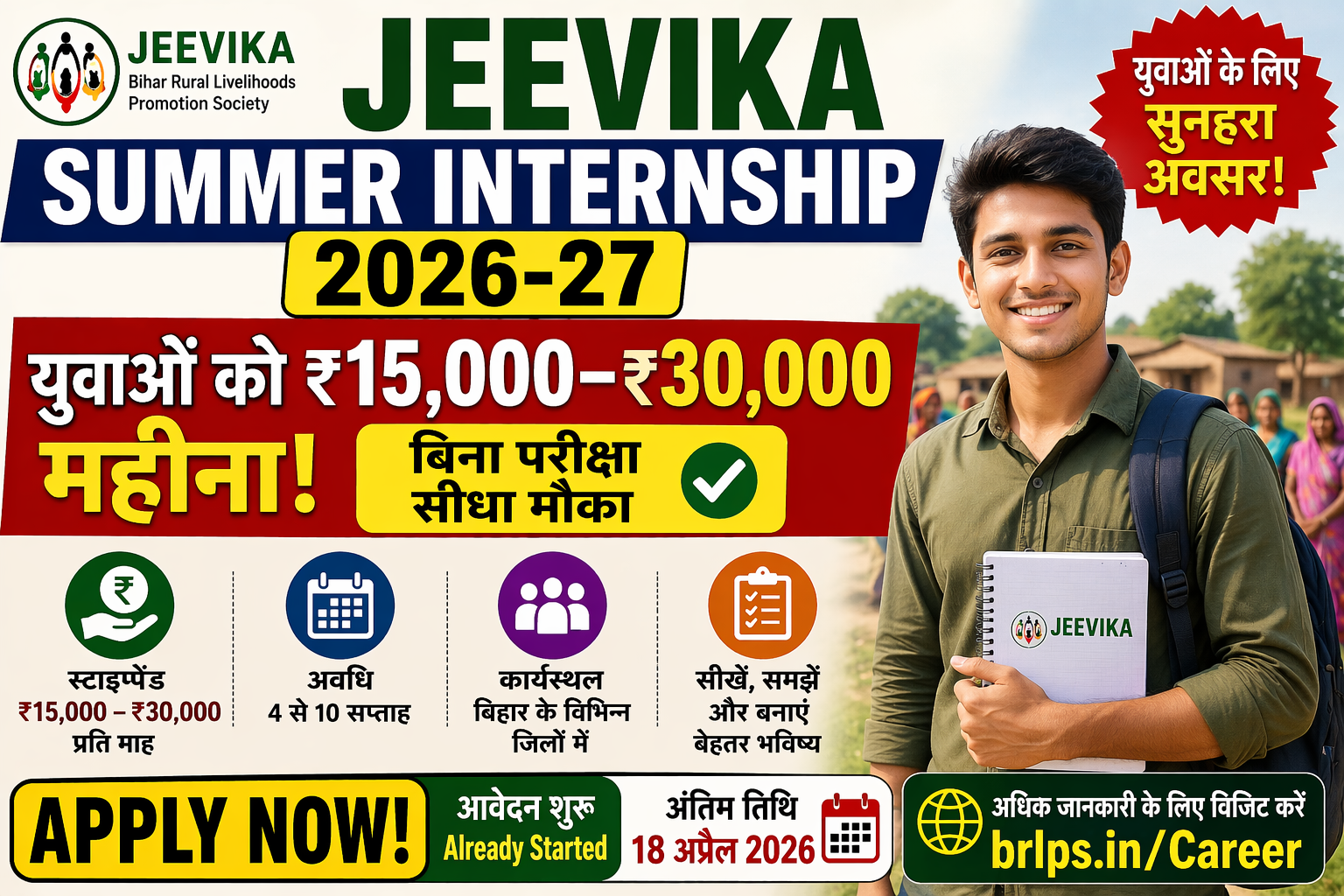 Jeevika Summer Internship 2026-27: युवाओं को ₹15,000–₹30,000 महीना! बिना परीक्षा सीधा मौका