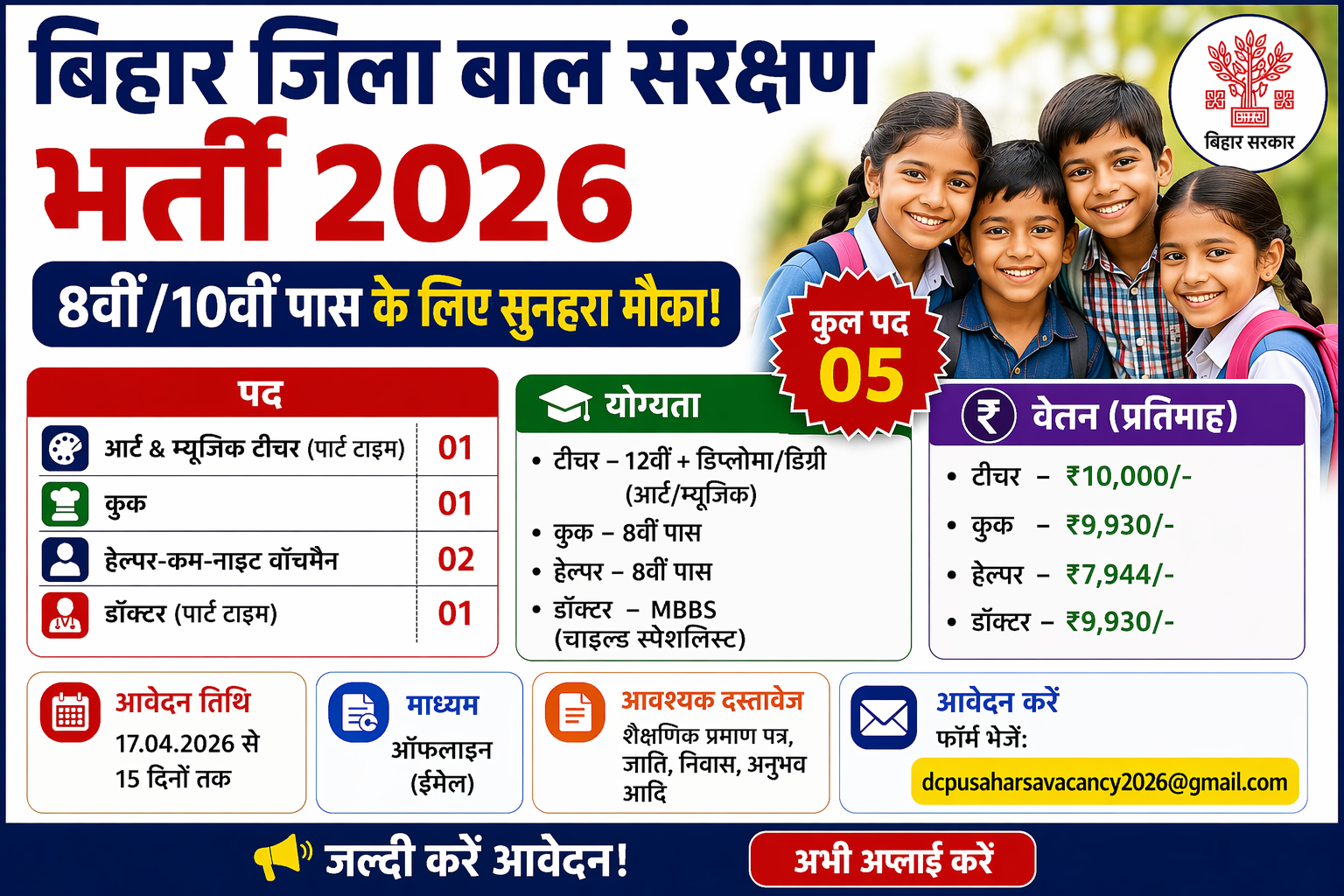 Bihar Jila Baal Sanrakshan Recruitment 2026: 8वीं/10वीं पास के लिए सुनहरा मौका, जल्दी करें आवेदन