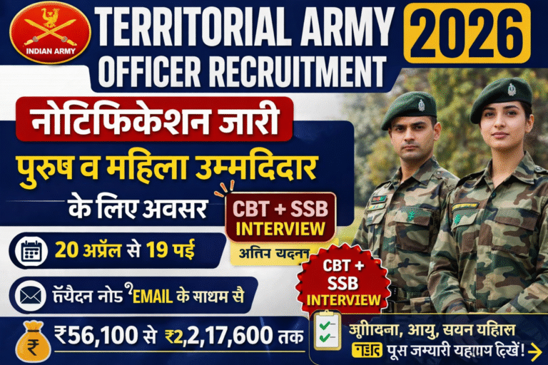 Territorial Army Officer Recruitment 2026: पुरुष व महिला उम्मीदवारों के लिए शानदार मौका – पूरी जानकारी