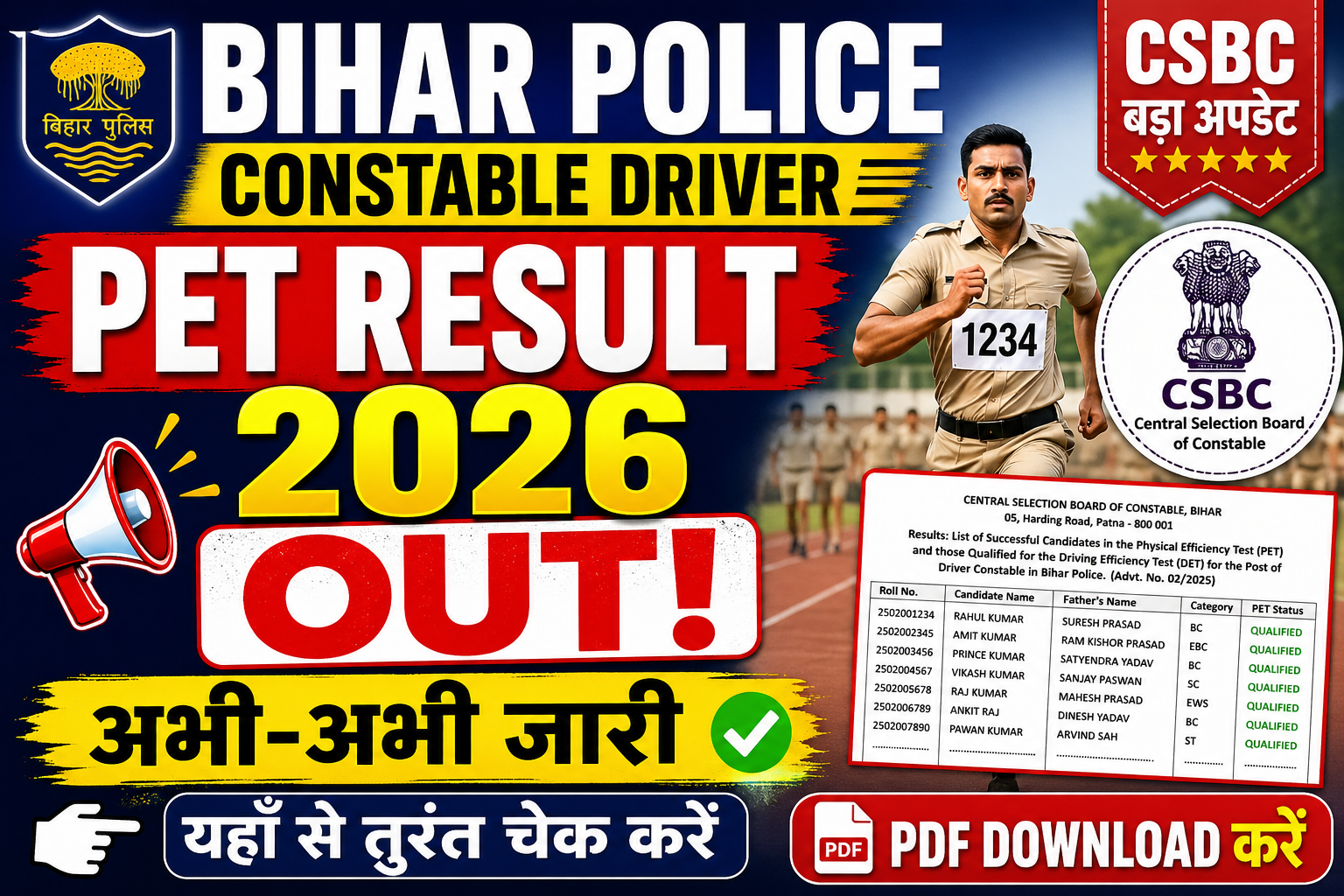 CSBC Bihar Police Constable Driver PET Result 2026 Out – यहाँ से तुरंत चेक करें अपना रिजल्ट
