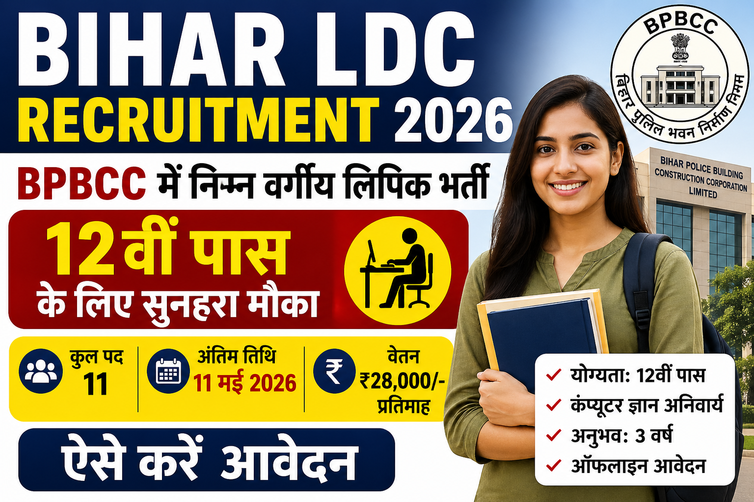 Bihar LDC Recruitment 2026: BPBCC में निम्न वर्गीय लिपिक भर्ती – 12वीं पास के लिए सुनहरा मौका, ऐसे करें आवेदन