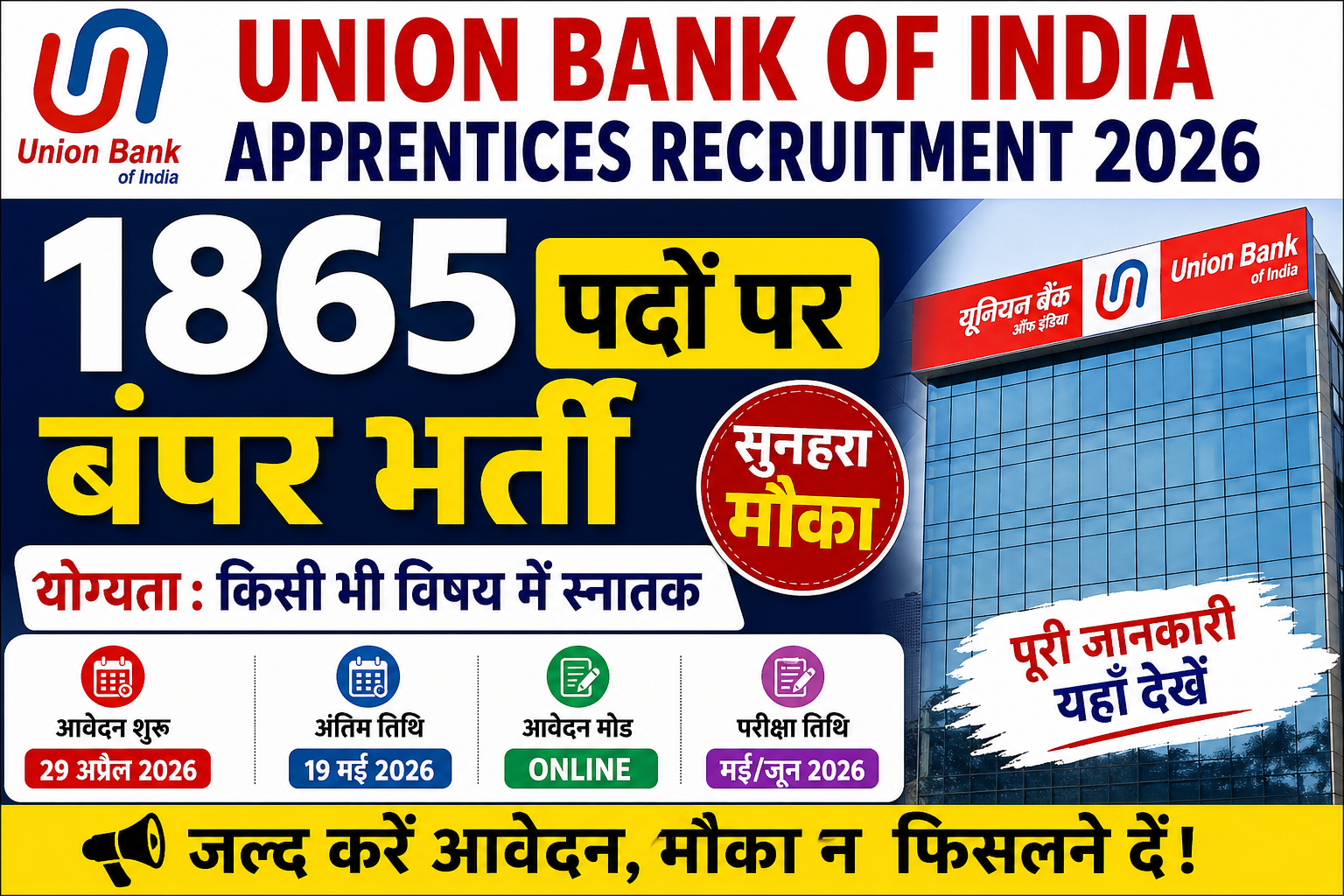 Union Bank of India Apprentices Recruitment 2026– 1865 पदों पर बंपर भर्ती, जानें योग्यता, आयु सीमा और आवेदन प्रक्रिया