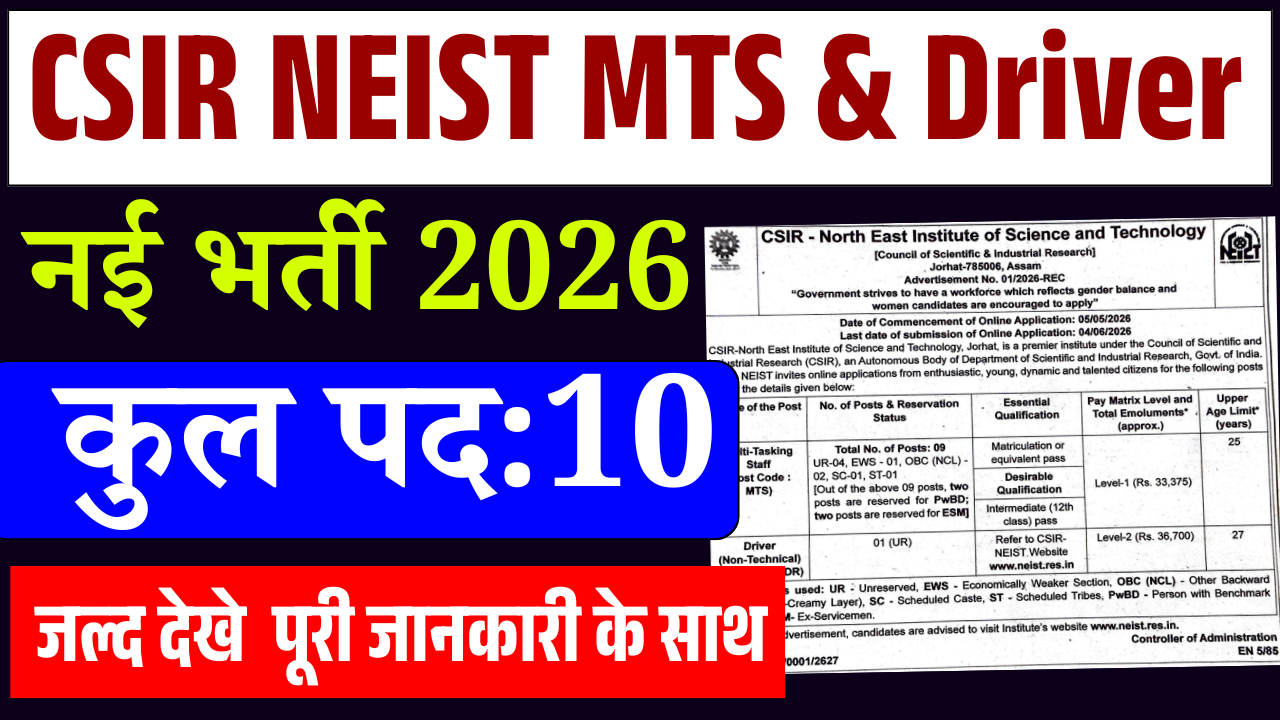 CSIR NEIST MTS & Driver Recruitment 2026:10 पदों पर भर्ती, योग्यता, आवेदन प्रक्रिया