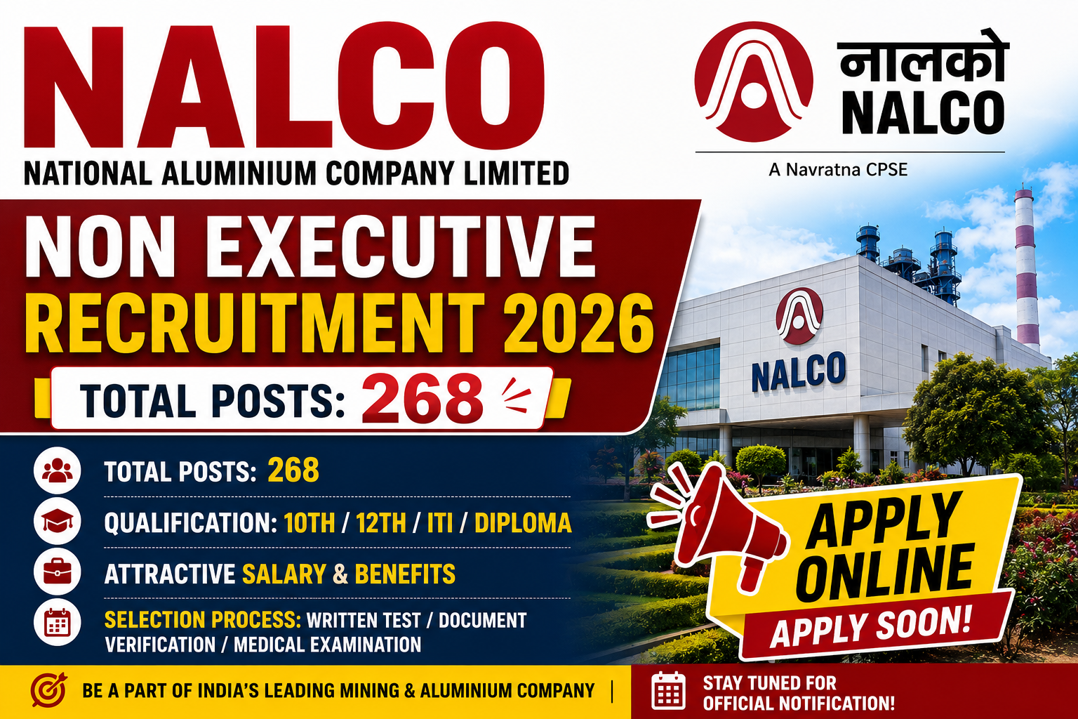 NALCO Non Executive Recruitment 2026- Apply Online for 268 Posts, Eligibility & Last Date Full Details