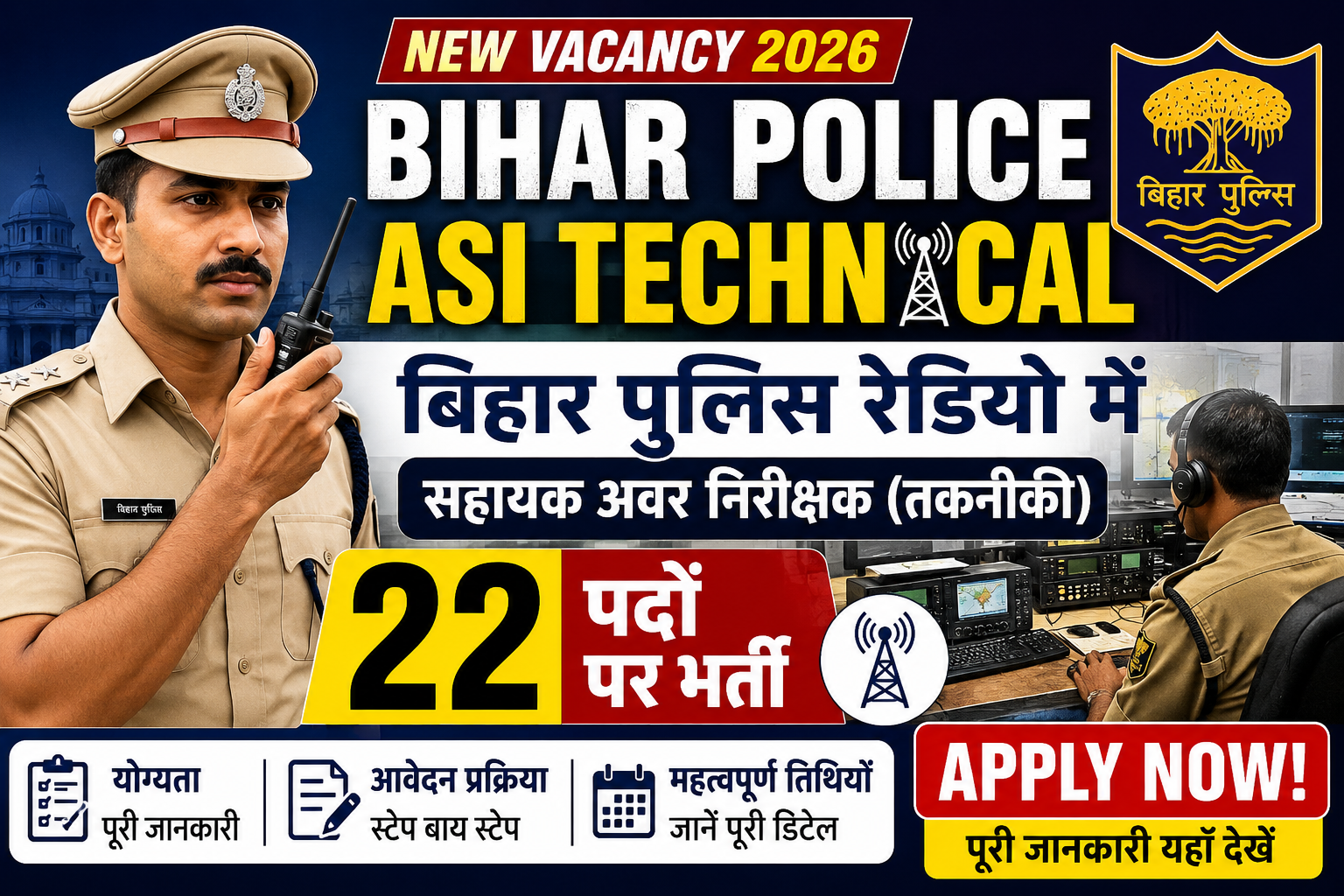 Bihar Police ASI Technical Vacancy 2026: बिहार पुलिस रेडियो में सहायक अवर निरीक्षक (तकनीकी) के 22 पदों पर भर्ती, आवेदन प्रक्रिया और पूरी जानकारी