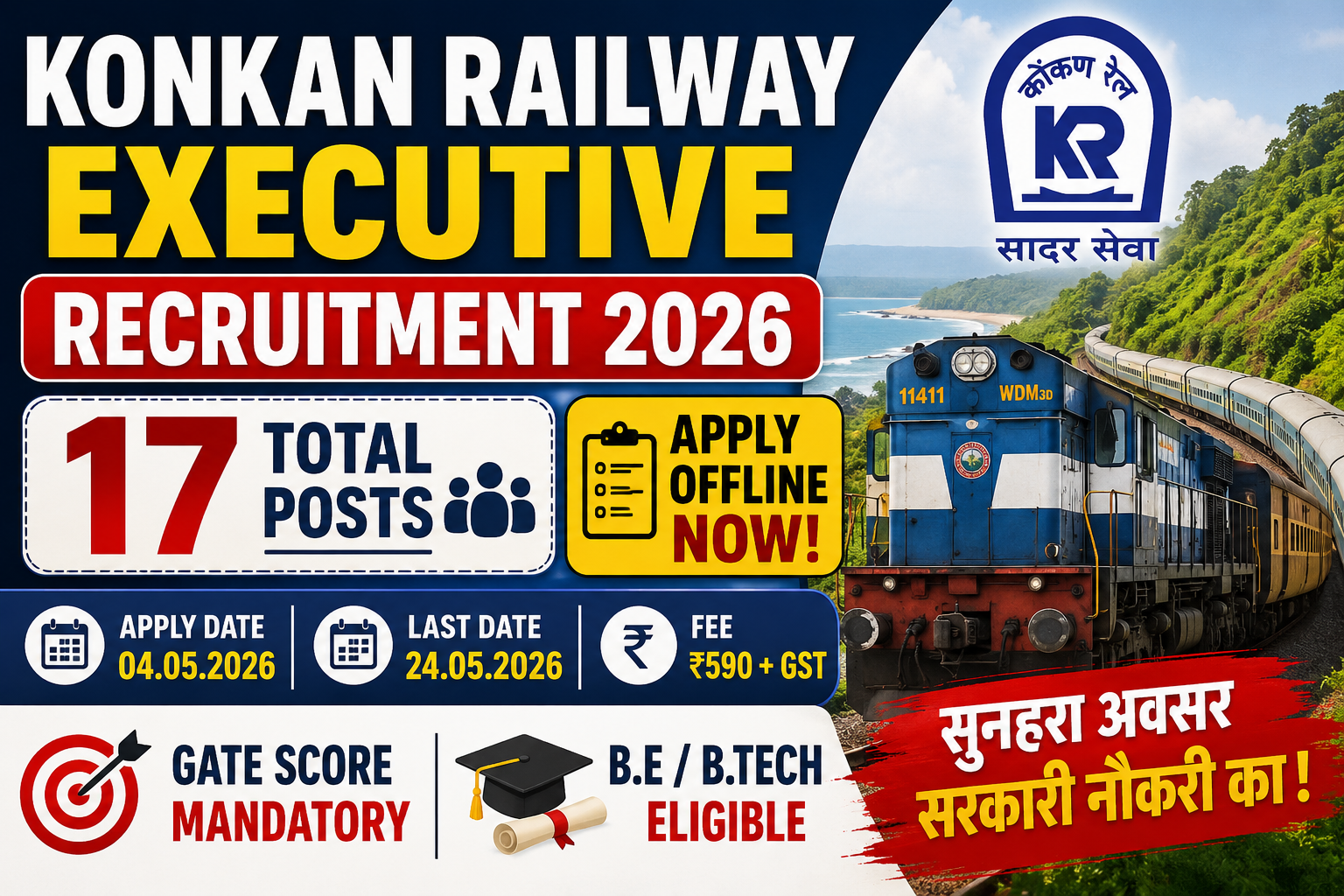Konkan Railway Executive Recruitment 2026: 17 पदों पर निकली बंपर भर्ती, ऑफलाइन आवेदन शुरू