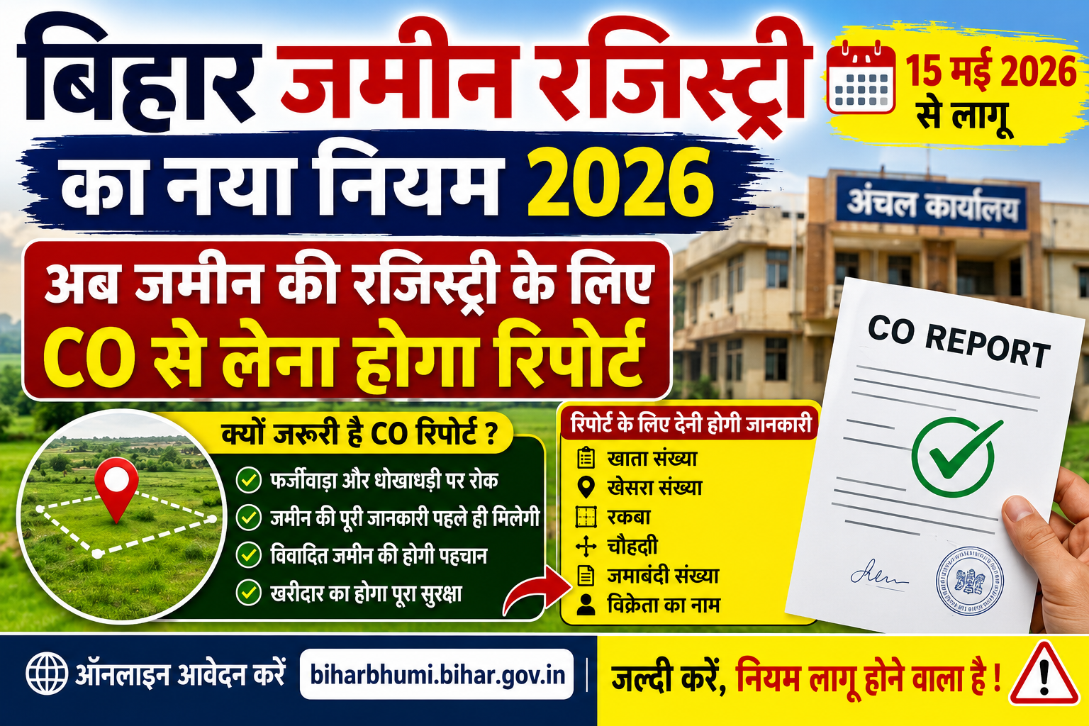 Bihar Jamin Registry Rule Change 2026: अब बिना CO रिपोर्ट नहीं होगी जमीन रजिस्ट्री, 15 मई से लागू नया नियम!