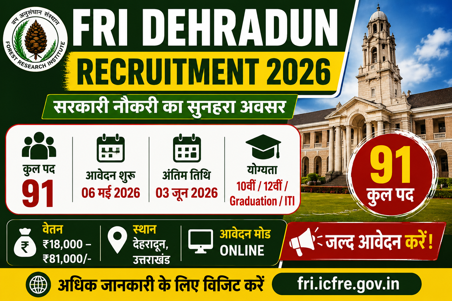 FRI Dehradun Recruitment 2026: 91 पदों पर निकली भर्ती, ऐसे करें ऑनलाइन आवेदन