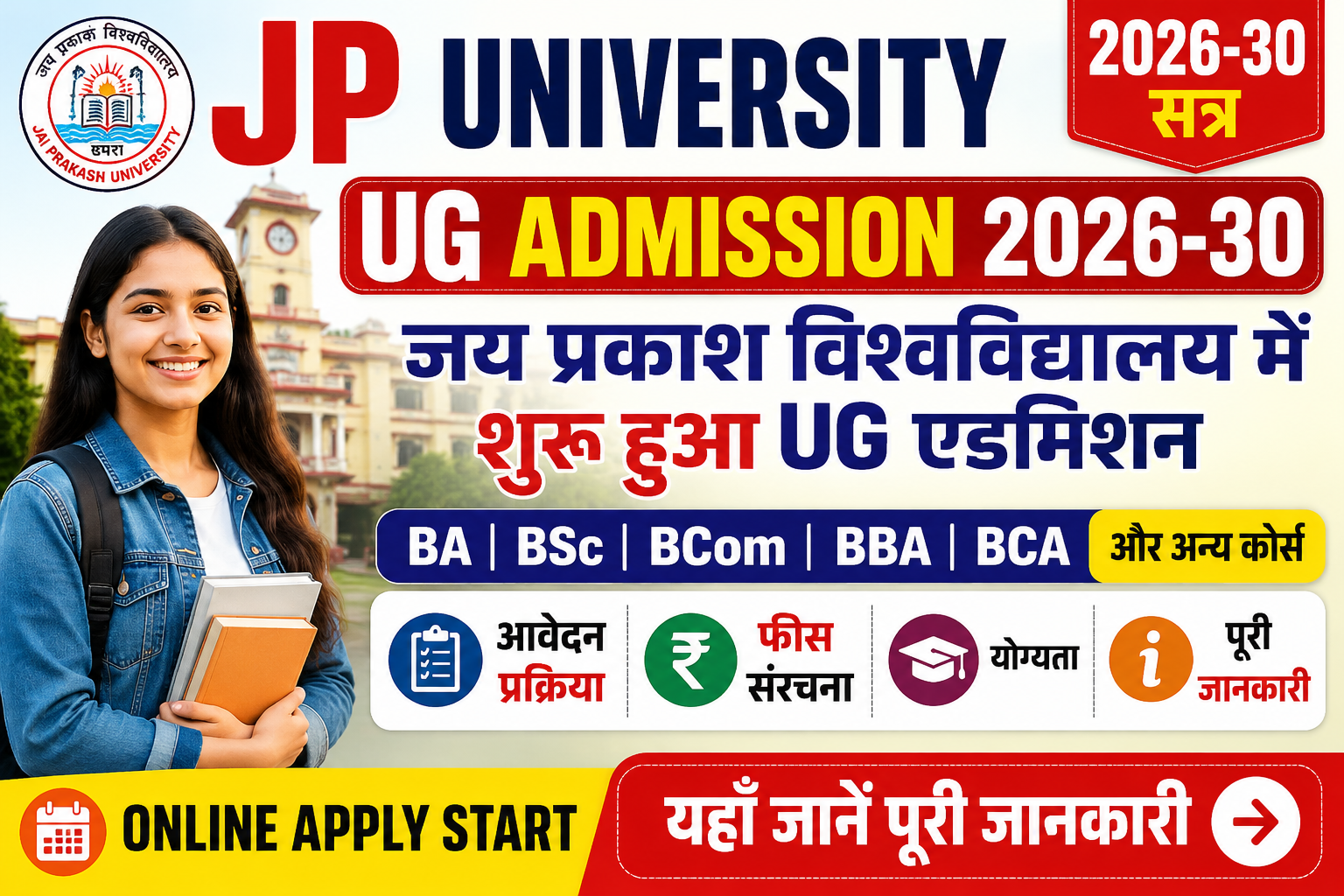 JP University UG Admission 2026-30: जय प्रकाश विश्वविद्यालय में शुरू हुआ UG एडमिशन, जानिए आवेदन प्रक्रिया, फीस, योग्यता और पूरी जानकारी