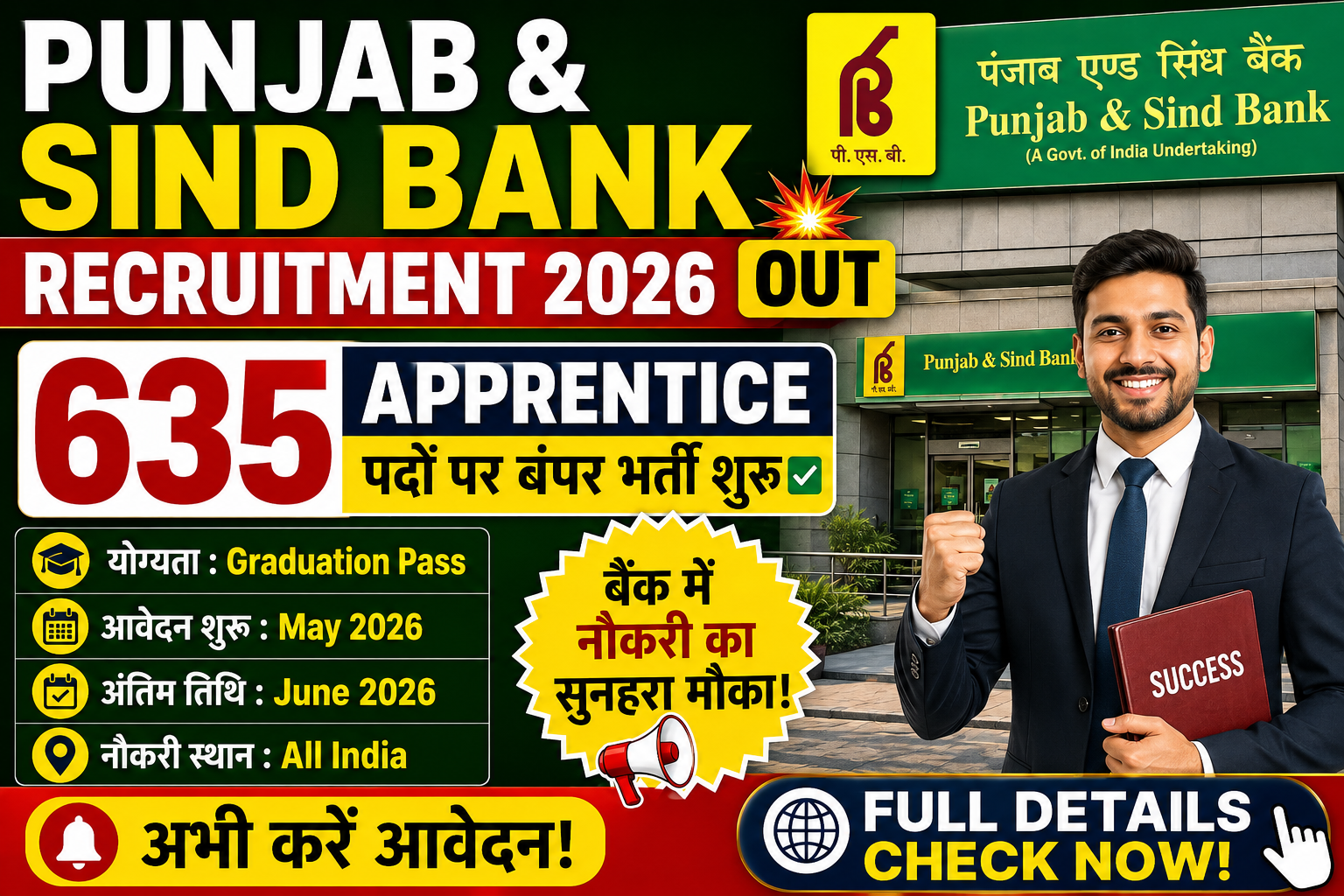 Punjab & Sind Bank Recruitment 2026: 635 Apprentice Posts Notification Out, Apply Online Now