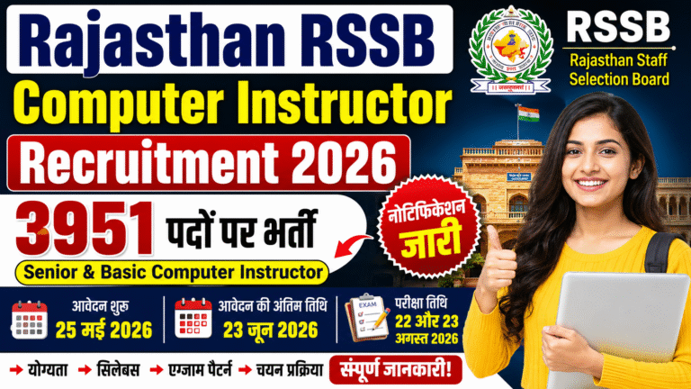 Rajasthan RSSB Computer Instructor Recruitment 2026: 3951 पदों पर भर्ती, ऑनलाइन आवेदन शुरू, योग्यता, सिलेबस व पूरी जानकारी
