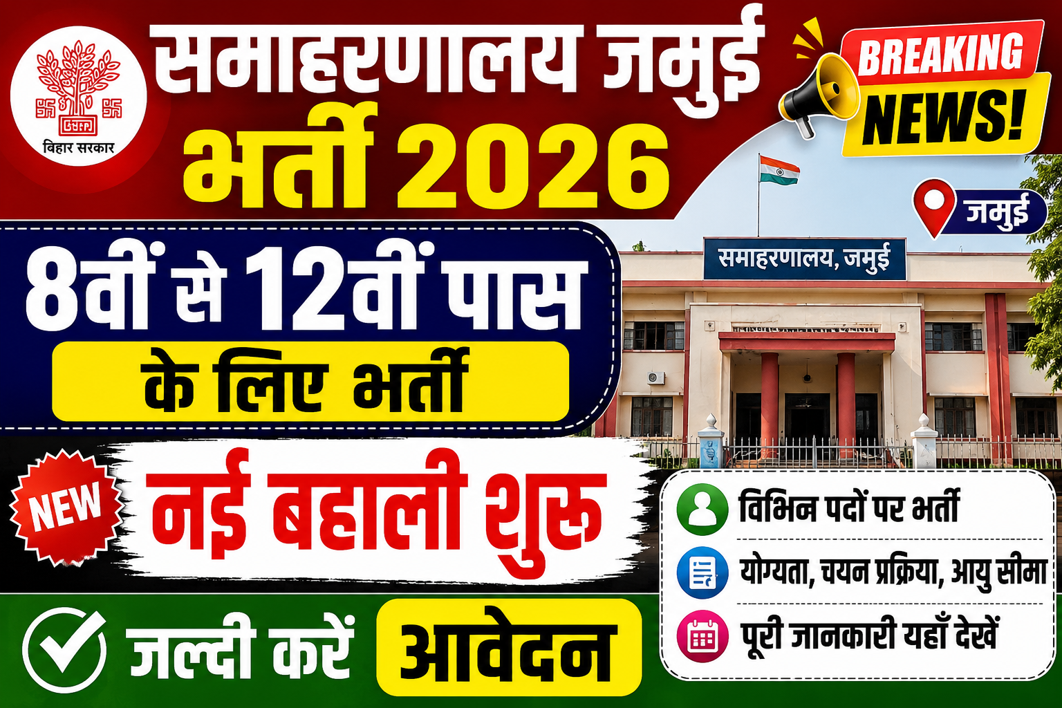 Samaharanalay Jamui Vacancy 2026: समाहरणालय जमुई में 8वीं से 12वीं पास के लिए नई भर्ती शुरू