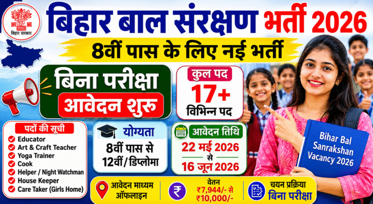 Bihar Bal Sanrakshan Vacancy 2026: 8वीं पास युवाओं के लिए सुनहरा मौका, बिना परीक्षा होगी भर्ती Bihar Bal Sanrakshan Vacancy 2026: 8वीं पास युवाओं के लिए सुनहरा मौका, बिना परीक्षा होगी भर्ती
