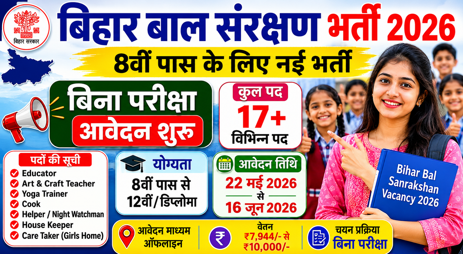 Bihar Bal Sanrakshan Vacancy 2026: 8वीं पास युवाओं के लिए सुनहरा मौका, बिना परीक्षा होगी भर्ती