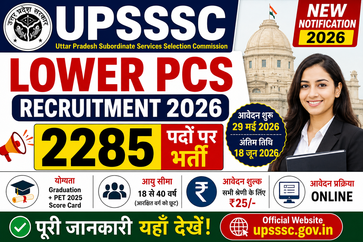 UPSSSC Lower PCS Recruitment 2026: 2285 पदों पर भर्ती, आवेदन शुरू, योग्यता, आयु सीमा एवं पूरी जानकारी