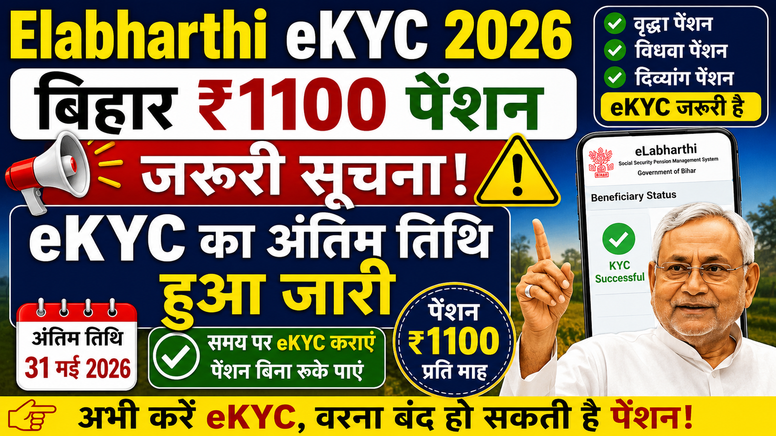Elabharthi eKYC 2026: बिहार ₹1100 पेंशन लाभार्थियों के लिए जरूरी सूचना, eKYC की अंतिम तिथि जारी