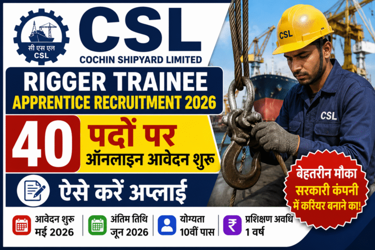 CSL Rigger Trainee Apprentice Recruitment 2026 – 40 पदों पर ऑनलाइन आवेदन शुरू, ऐसे करें अप्लाई