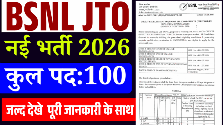 BSNL JTO Recruitment 2026: 100 पदों पर निकली भर्ती, जानें आवेदन प्रक्रिया, योग्यता और पूरी जानकारी