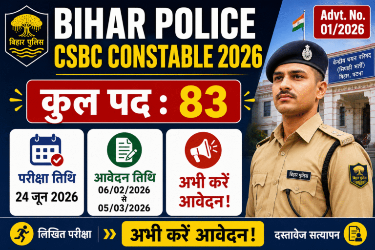 Bihar Police CSBC Constable Special Branch Recruitment 2026 : 83 पदों पर भर्ती, परीक्षा तिथि जारी