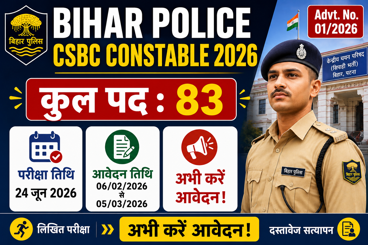 Bihar Police CSBC Constable Special Branch Recruitment 2026 : 83 पदों पर भर्ती, परीक्षा तिथि जारी