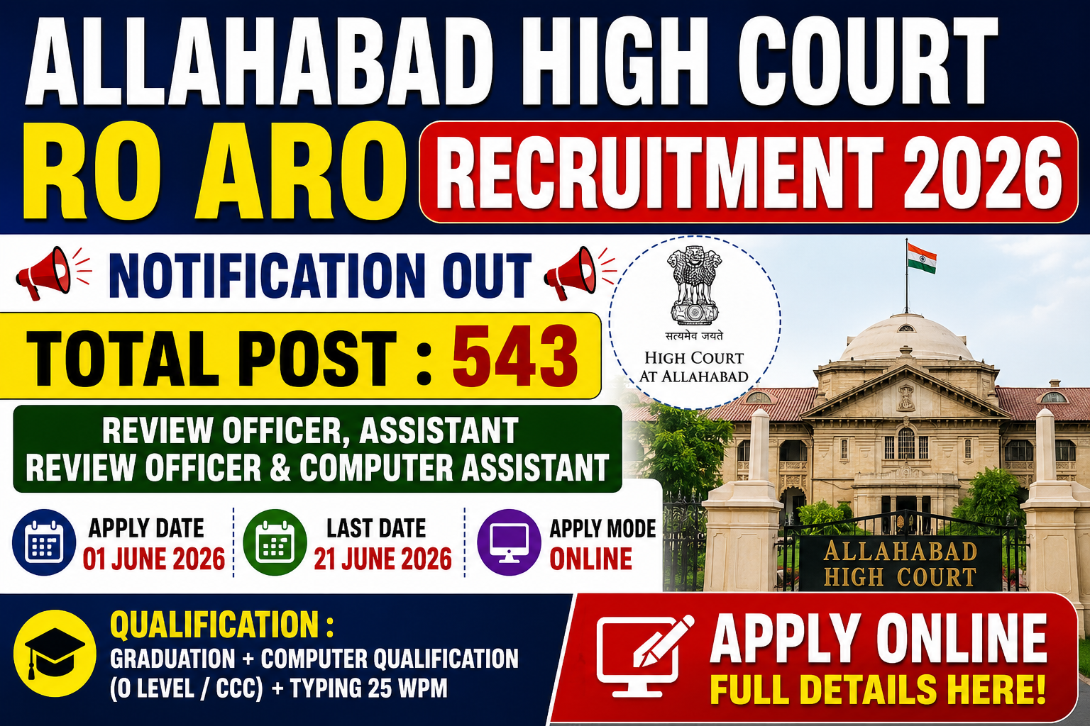 Allahabad High Court RO ARO Recruitment 2026: 543 पदों पर भर्ती, आवेदन शुरू, जानें योग्यता, आयु सीमा और पूरी प्रक्रिया