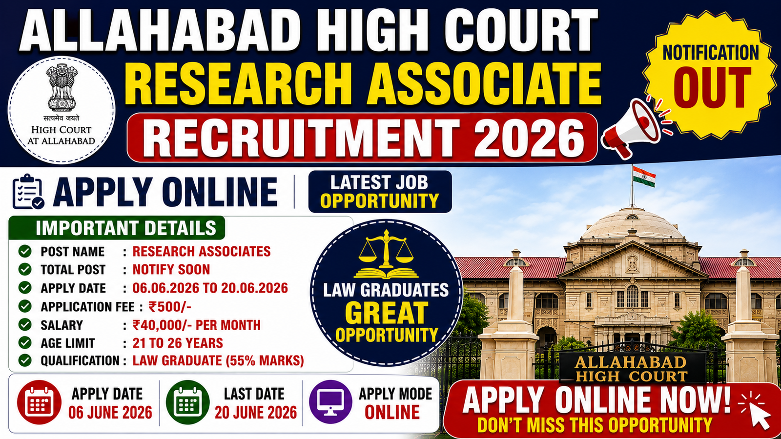 Allahabad High Court Research Associate Vacancy 2026: ऑनलाइन आवेदन शुरू, योग्यता, सैलरी, आयु सीमा और पूरी जानकारी