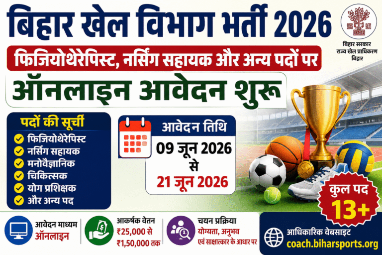 Bihar Sports Department Vacancy 2026: फिजियोथेरेपिस्ट, नर्सिंग सहायक और अन्य पदों पर भर्ती, ऑनलाइन आवेदन शुरू Bihar Sports Department Vacancy 2026: फिजियोथेरेपिस्ट, नर्सिंग सहायक और अन्य पदों पर भर्ती, ऑनलाइन आवेदन शुरू