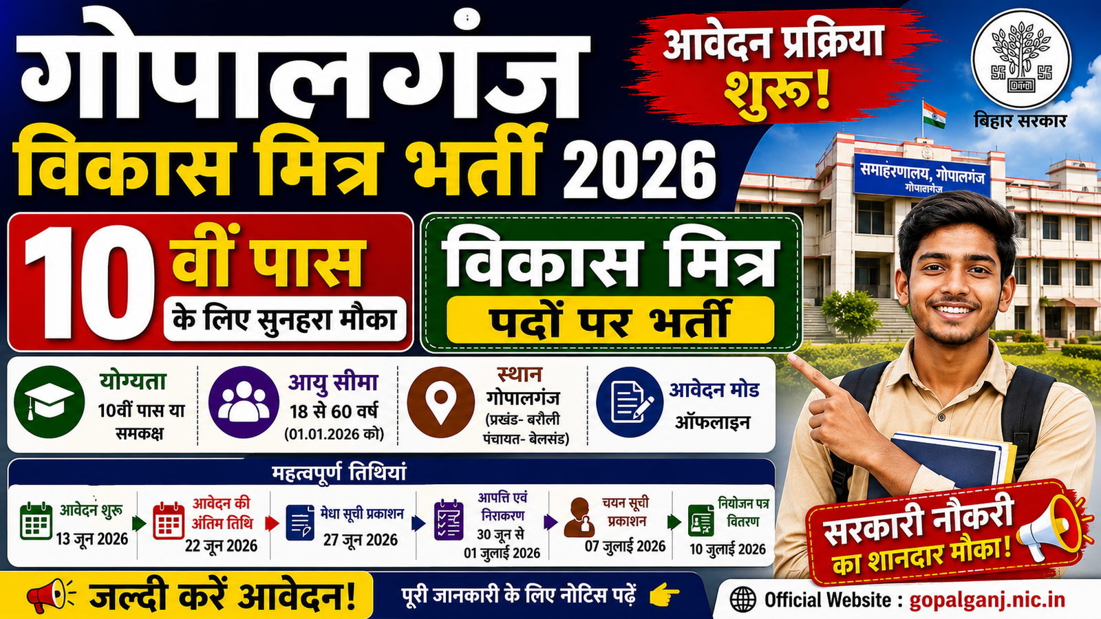 Gopalganj Vikas Mitra Recruitment 2026: 10वीं पास के लिए विकास मित्र भर्ती, आवेदन प्रक्रिया शुरू