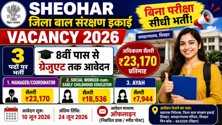 Sheohar Jila Bal Sanrakshan Ikai Bharti 2026: विभिन्न पदों पर भर्ती, आवेदन शुरू