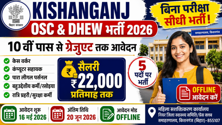 Kishanganj OSC & DHEW Vacancy 2026: बिना परीक्षा सीधी भर्ती, 10वीं पास से ग्रेजुएट तक आवेदन, सैलरी ₹22,000