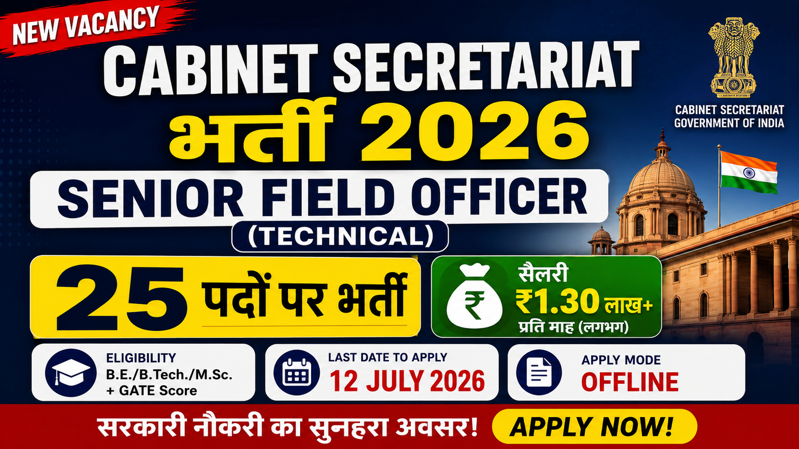 Cabinet Secretariat Senior Field Officer Recruitment 2026: 25 पदों पर भर्ती, जानें योग्यता, चयन प्रक्रिया और आवेदन प्रक्रिया