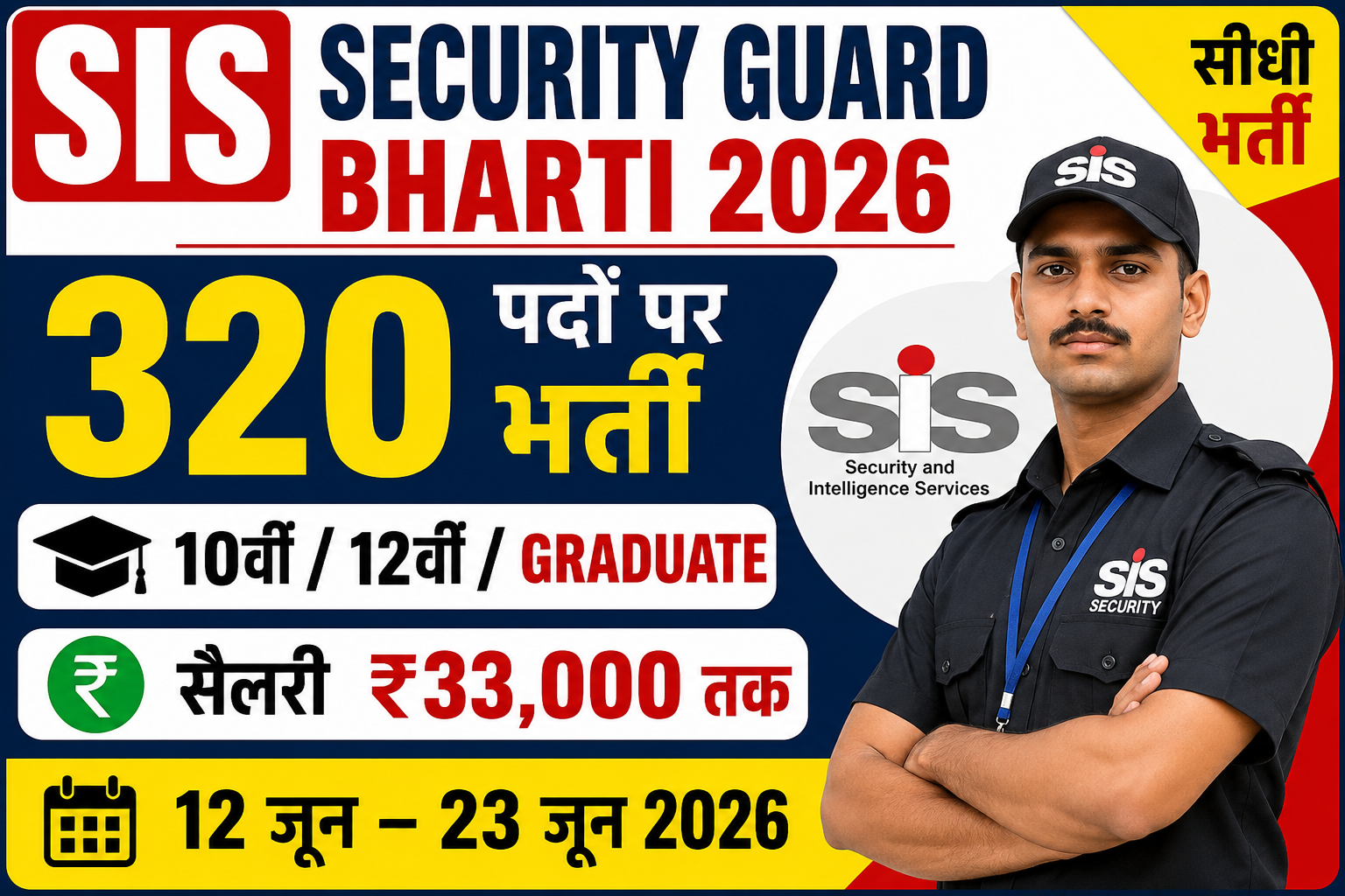 SIS Security Guard Recruitment 2026: 10वीं/12वीं पास के लिए 4 अलग-अलग पदों पर सीधी भर्ती, 320 पदों पर अवसर