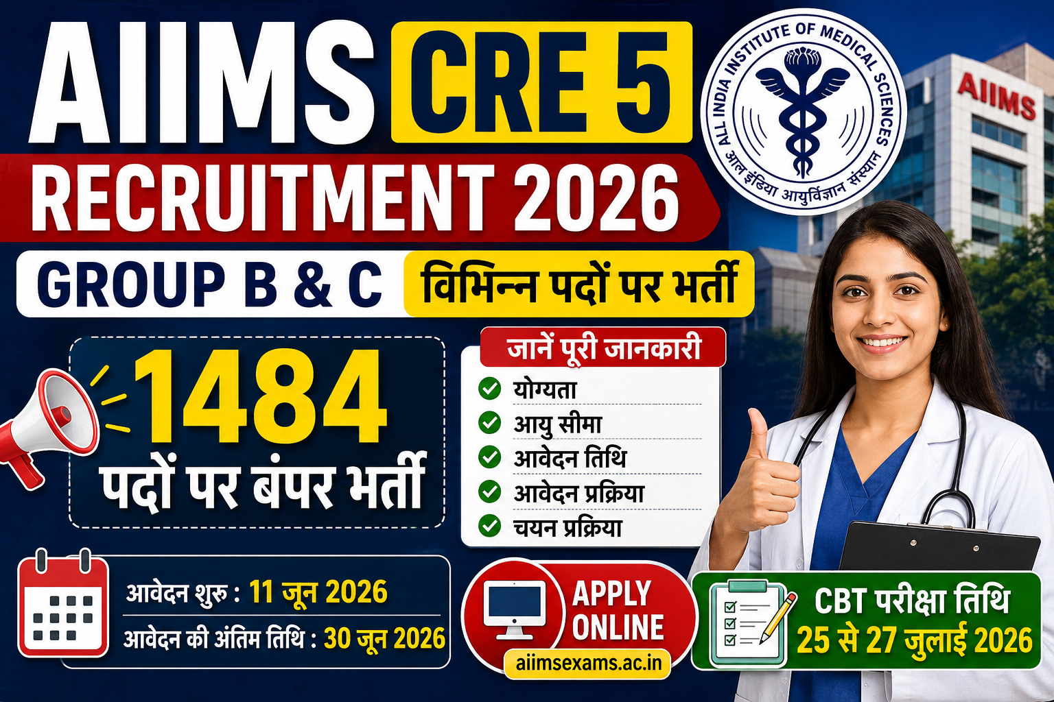 AIIMS CRE 5 Recruitment 2026: ग्रुप B और C के 1484 पदों पर बंपर भर्ती, जानें योग्यता, आवेदन प्रक्रिया और महत्वपूर्ण तिथियाँ