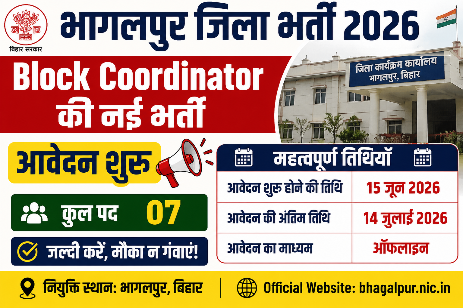Bhagalpur Block Coordinator Vacancy 2026: जिला स्तर पर Block Coordinator की नई भर्ती, आवेदन शुरू