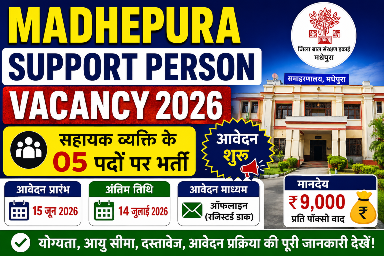 Madhepura Support Person Vacancy 2026: मधेपुरा में सपोर्ट पर्सन के 5 पदों पर भर्ती, ऑफलाइन आवेदन शुरू