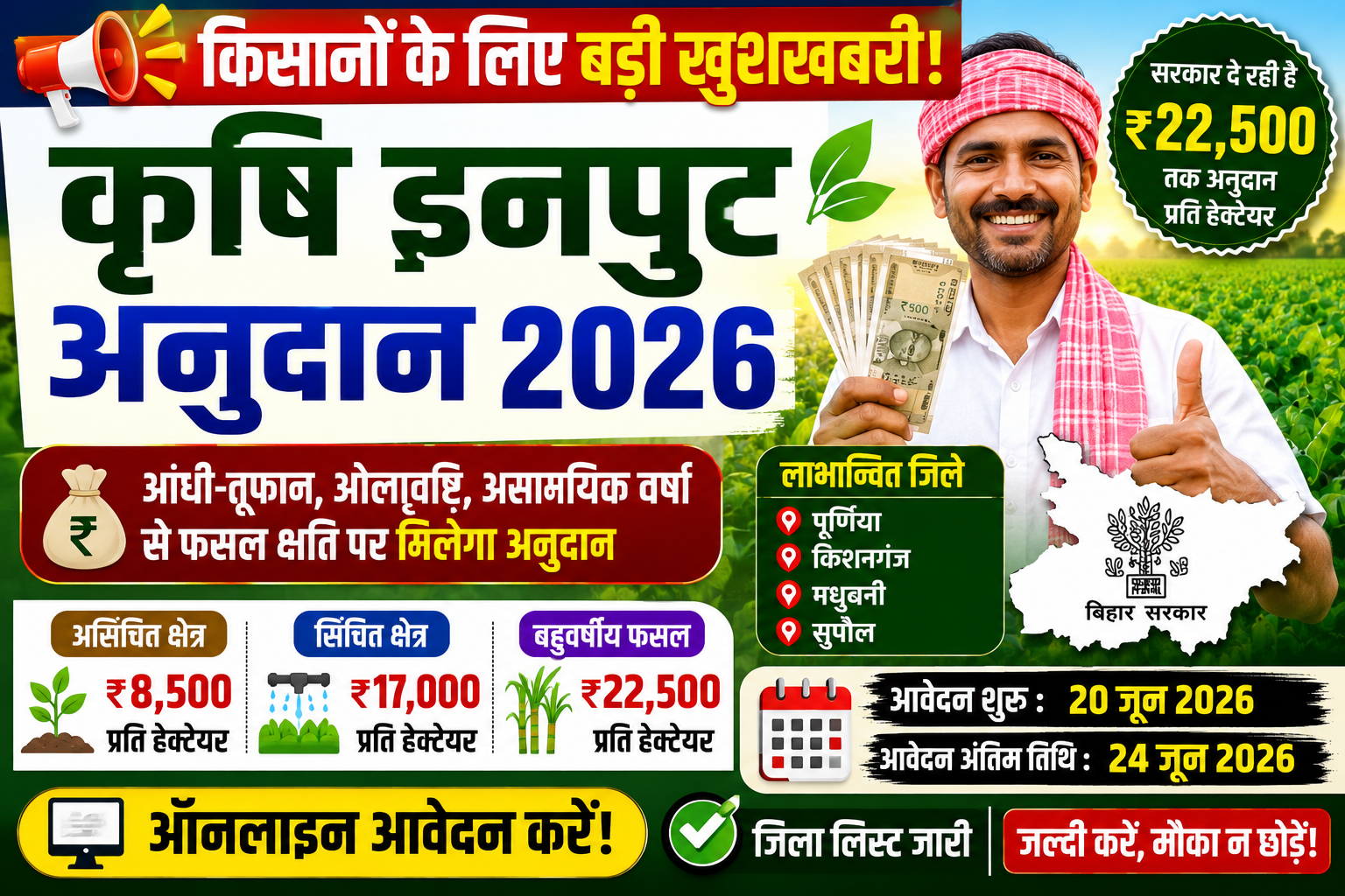 Bihar Krishi Input Anudan Online Apply 2026: कृषि इनपुट अनुदान के लिए ऑनलाइन आवेदन शुरू, किसानों को मिलेगा ₹22,500 तक अनुदान
