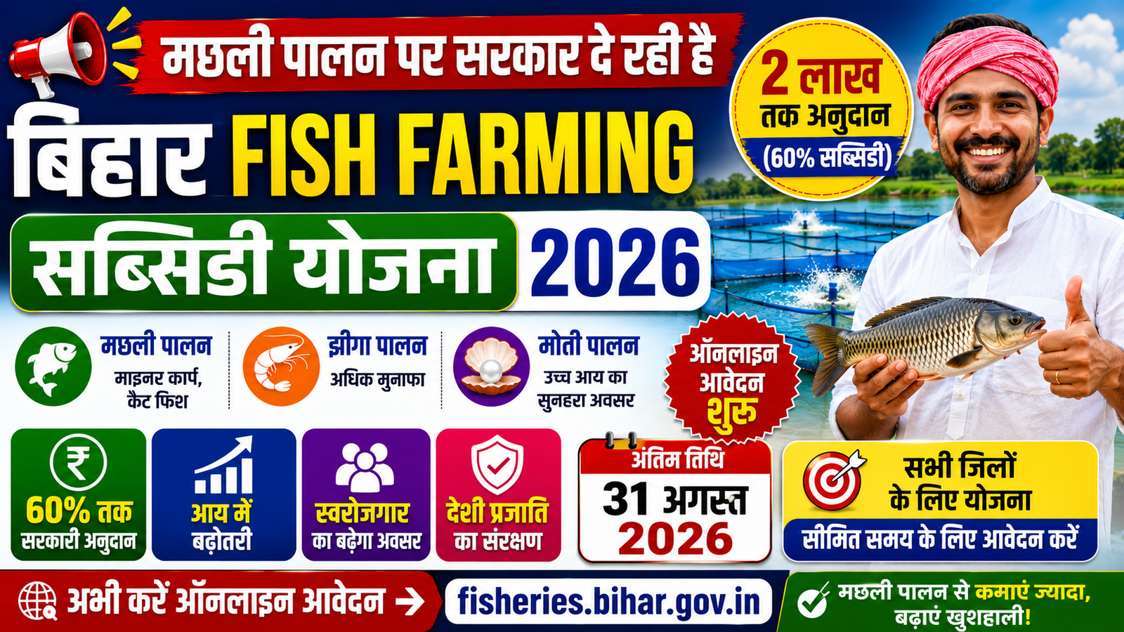 Bihar Fish Farming Subsidy Yojana 2026: मछली पालन पर सरकार दे रही है 60% सब्सिडी, ₹2 लाख तक अनुदान के लिए करें ऑनलाइन आवेदन