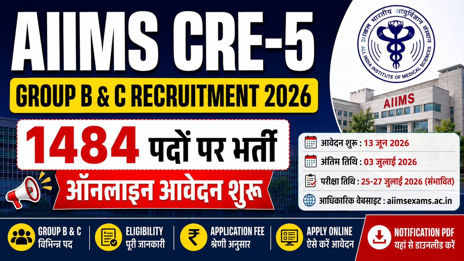 AIIMS CRE-5 Group B & C Recruitment 2026: Apply Online for 1484 Vacancies, Eligibility, Last Date & Full Details