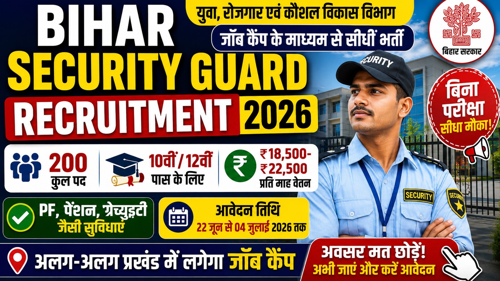 Bihar Security Guard Vacancy 2026: 10वीं/12वीं पास युवाओं के लिए 200 पदों पर सीधी भर्ती