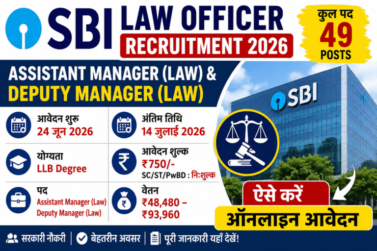 SBI Law Officer Recruitment 2026: Assistant Manager & Deputy Manager के 49 पदों पर भर्ती, ऑनलाइन आवेदन शुरू