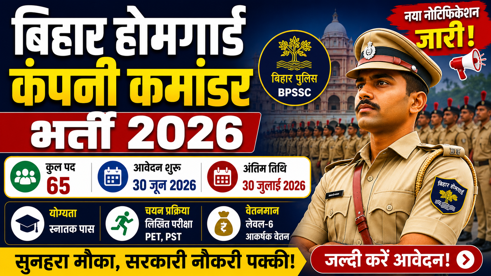 Bihar Home Guard Bharti 2026: कंपनी कमांडर के 65 पदों पर नोटिफिकेशन जारी, जानें पूरी आवेदन प्रक्रिया
