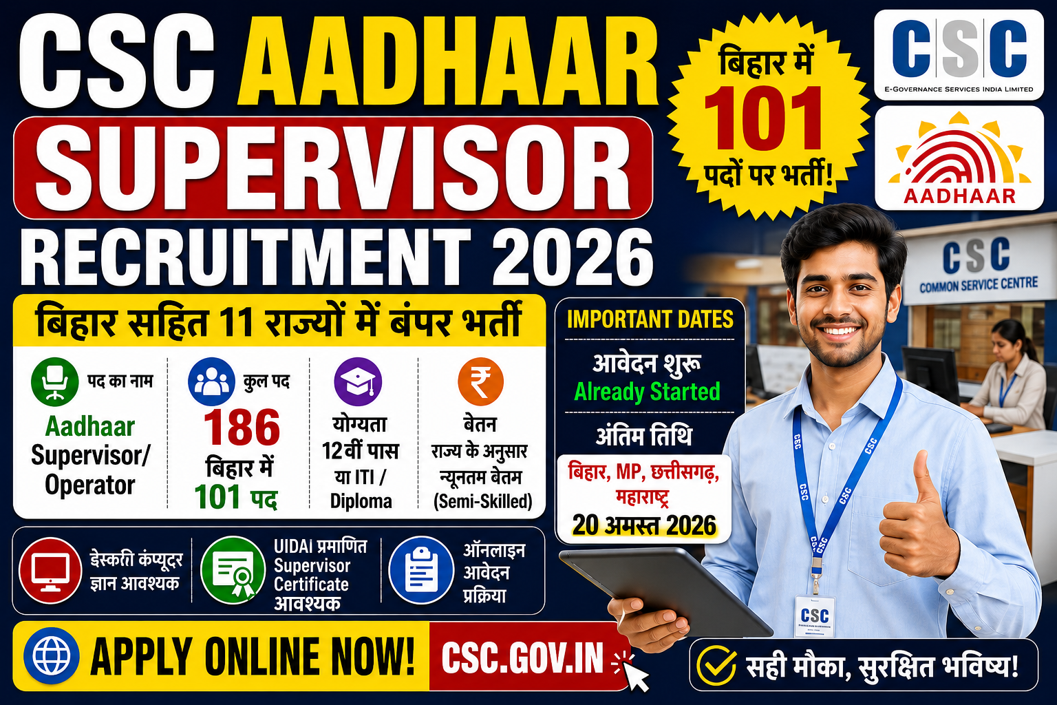 CSC Aadhaar Supervisor Vacancy 2026: बिहार में 101 पदों पर भर्ती, ऑनलाइन आवेदन शुरू, योग्यता, आयु सीमा, आवेदन प्रक्रिया व अंतिम तिथि