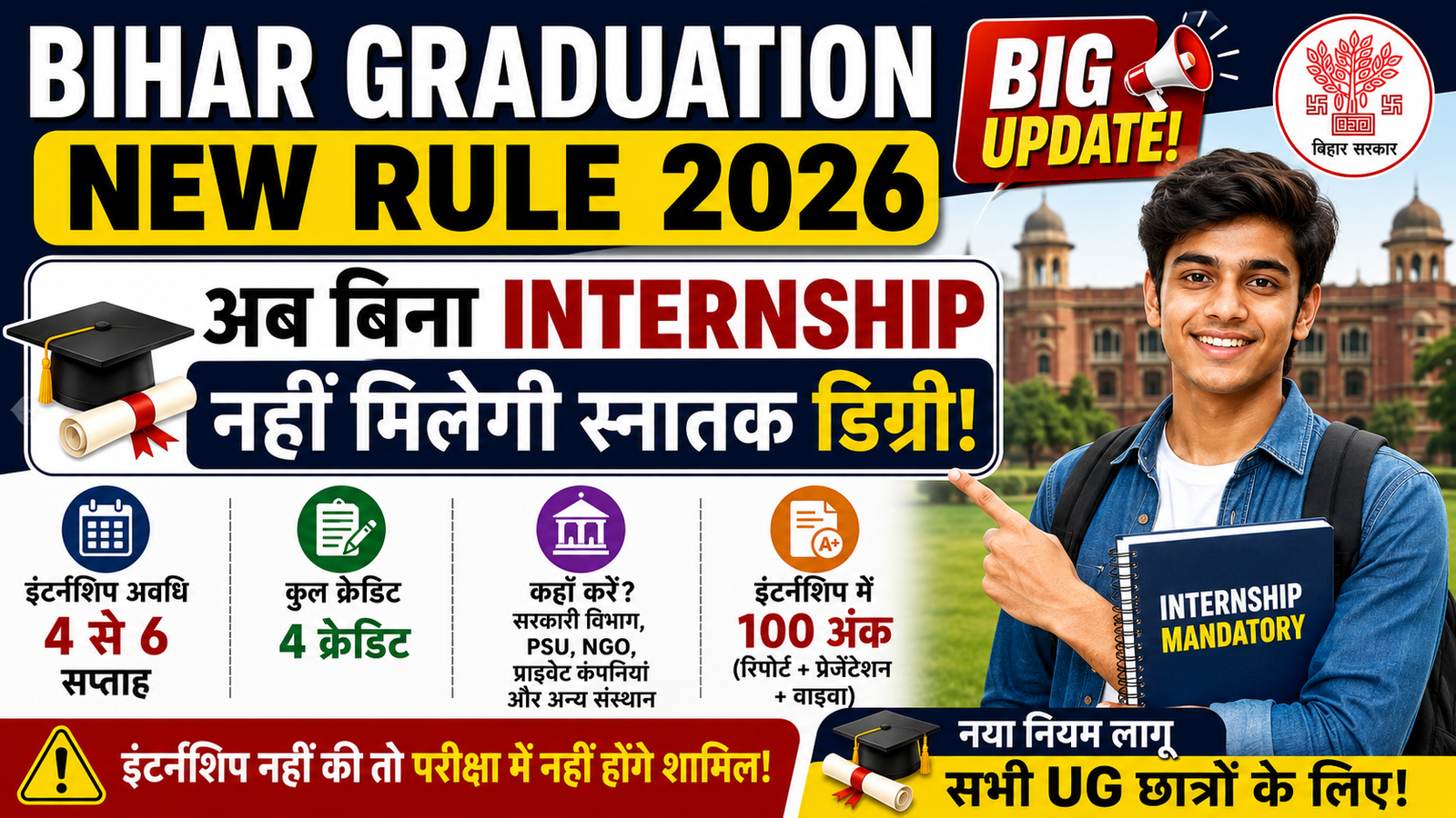 Bihar Graduation New Rule 2026: अब Internship होगी अनिवार्य, बिना इंटर्नशिप पूरी किए नहीं मिलेगी स्नातक डिग्री!