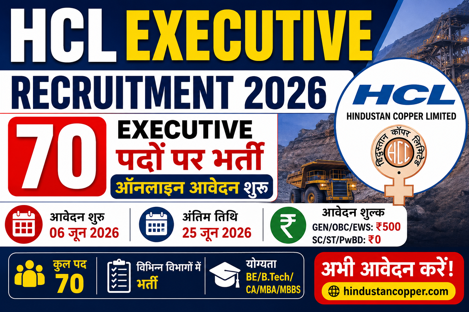HCL Executive Recruitment 2026: 70 पदों पर निकली बंपर भर्ती, जानें योग्यता, आयु सीमा, आवेदन प्रक्रिया और पूरी जानकारी