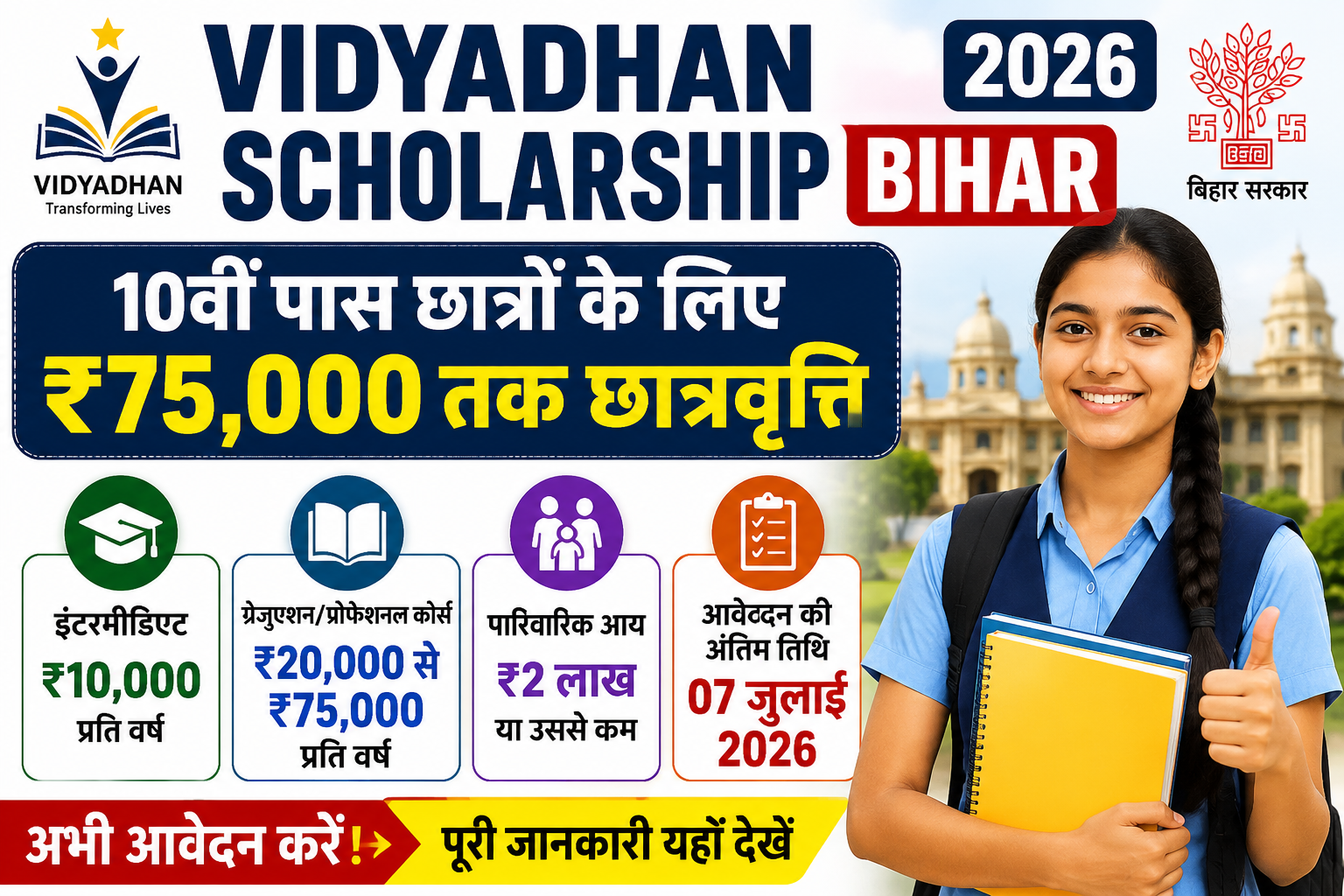 Bihar Vidyadhan Scholarship 2026: 10वीं पास मेधावी छात्रों के लिए बड़ी खुशखबरी, मिलेगी ₹75,000 तक छात्रवृत्ति, ऐसे करें आवेदन