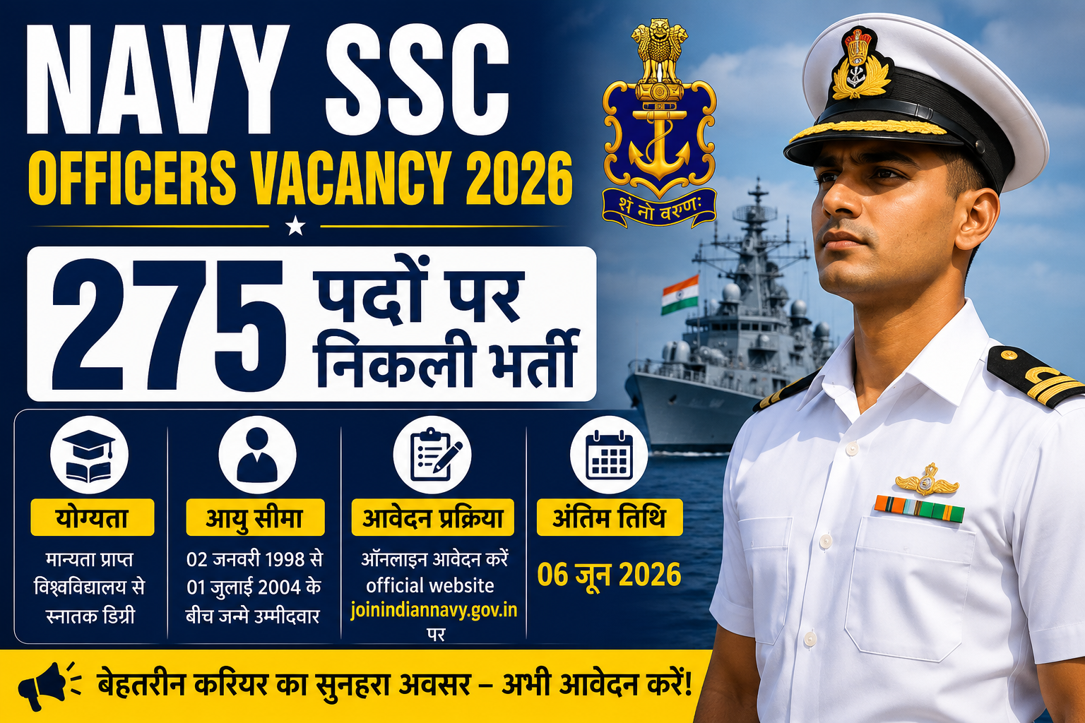 Navy SSC Officers Vacancy 2026: 275 पदों पर निकली भर्ती, जानें योग्यता, आयु सीमा, आवेदन प्रक्रिया और अंतिम तिथि