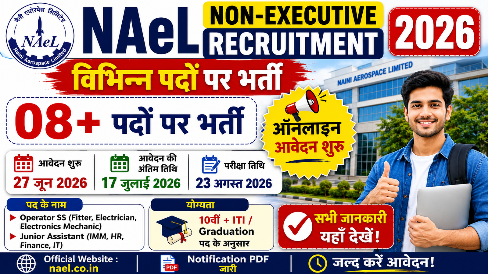 NAeL Non-Executive Vacancy 2026: विभिन्न नॉन-एग्जीक्यूटिव पदों पर भर्ती, ऑनलाइन आवेदन शुरू, योग्यता, आयु सीमा व पूरी जानकारी