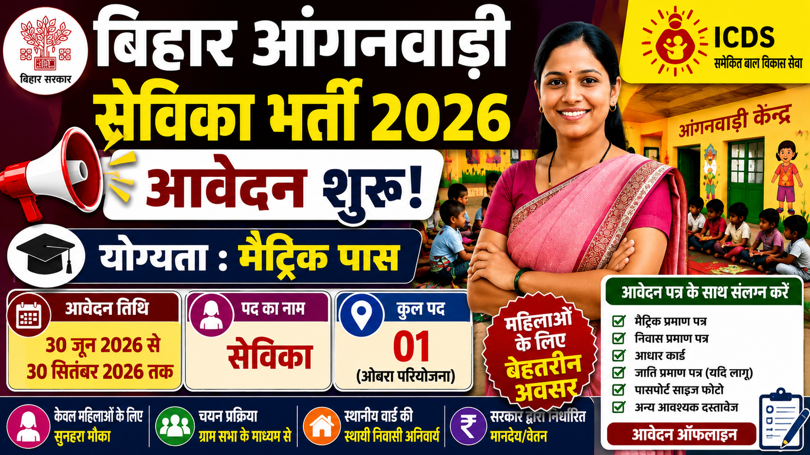 Bihar Anganwadi Sevika Bharti 2026: मैट्रिक पास महिलाओं के लिए आवेदन शुरू, जानें पात्रता, आयु सीमा व आवेदन प्रक्रिया