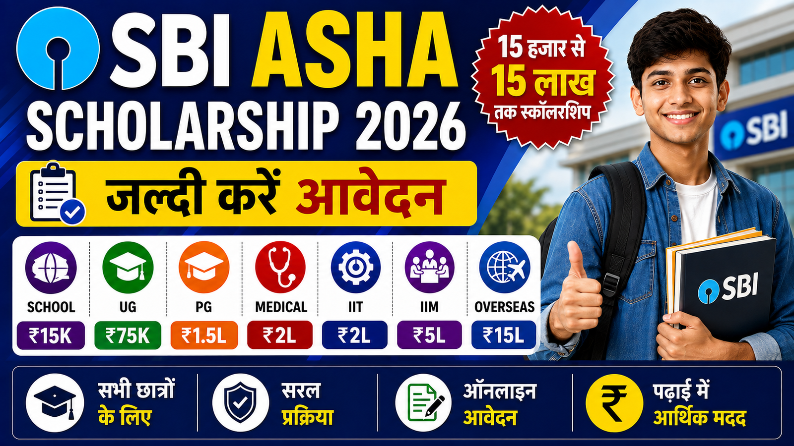 SBI Asha Scholarship 2026: छात्रों को ₹15 लाख तक स्कॉलरशिप, ऑनलाइन आवेदन शुरू